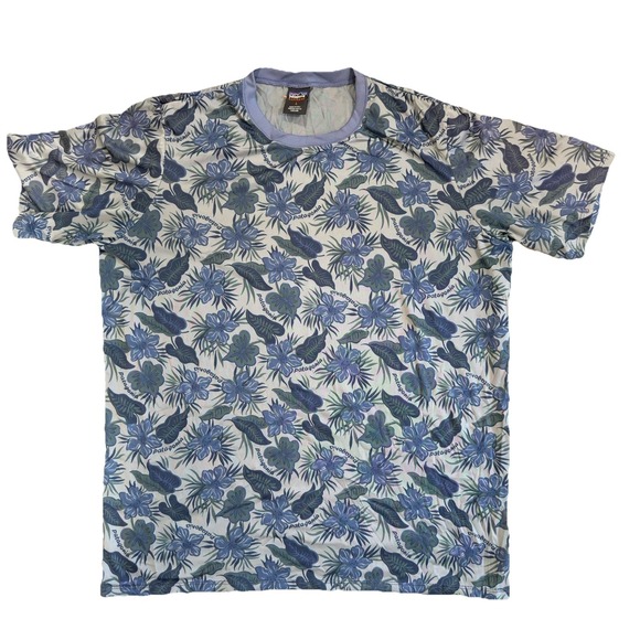 RARE Men's PATAGONIA Hawaiian Leaves Capilene Base Layer T Shirt Grey/Blue Large - Picture 1 of 9